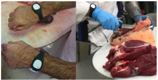 Figure 2: MetaWear sensor worn on both hands (left) and worn while working (right)